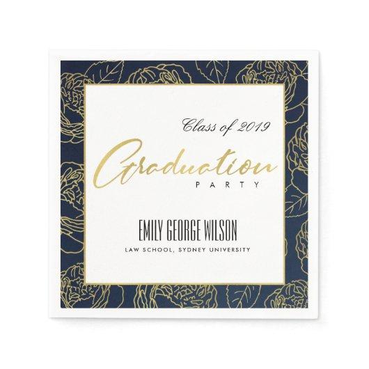 LUXE FAUX GOLD NAVY WHITE  ROSE FLORAL GRADUATION NAPKINS