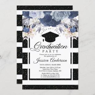 Luxury Black Gold Glitter Floral Graduation Invitation