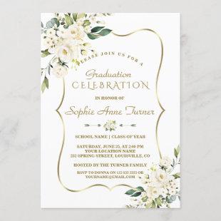 Luxury Delicate White Floral Gold Graduation Party Invitation