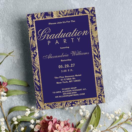 Luxury purple gold glitter floral Graduation  Invitation