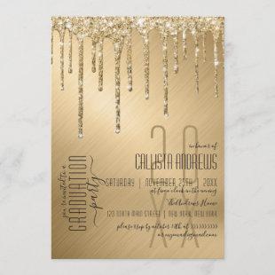 Luxury Sparkly Gold Glitter Drips Graduation Invitation