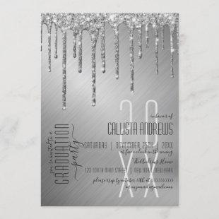 Luxury Sparkly Silver Glitter Drips Graduation Invitation