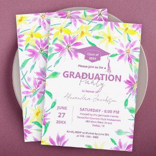 Magenta and Yellow Watercolor Flowers Graduation Invitation
