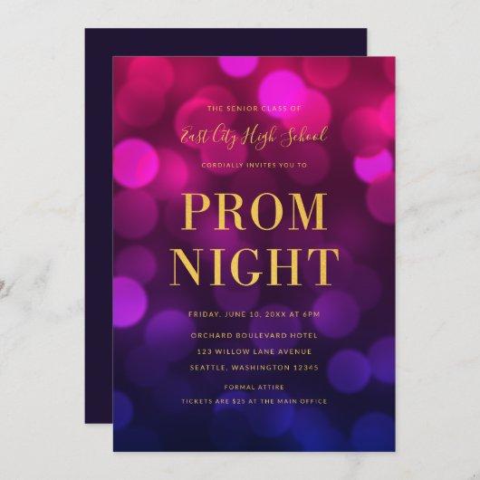 Magenta Blue Bokeh Lights Gold High School Prom Invitation