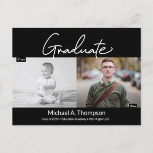 Male Graduate Script Then and Now Grad Photo Announcement Postcard