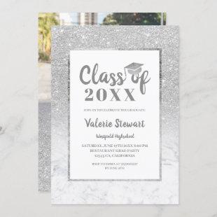 Marble silver glitter class of photo graduation invitation
