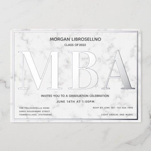Marble Silver MBA Graduation Foil Invitation