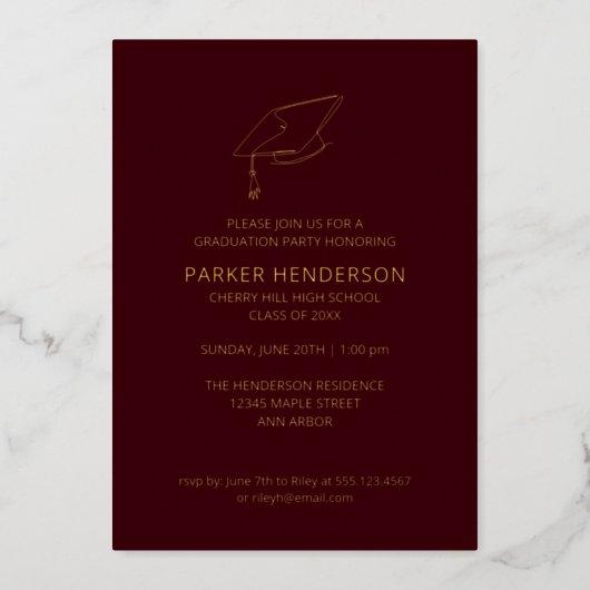 Maroon and Gold Cap Minimalist Graduation Party Foil Invitation