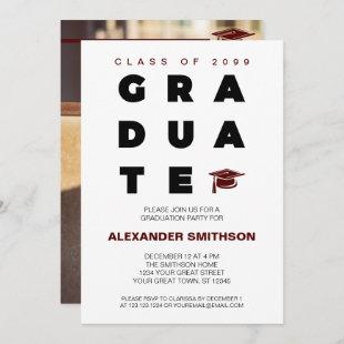 Maroon Bold GRADUATE Letters and Cap Graduation Invitation