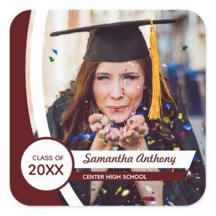 Maroon Curved Frame Photo Graduation Square Sticker