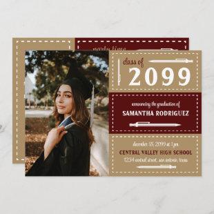 Maroon & Gold Dotted Boxes and Pencils Graduation  Invitation