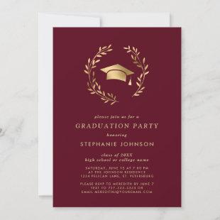 Maroon Gold Grad Cap Wreath Chic Graduation Party Invitation