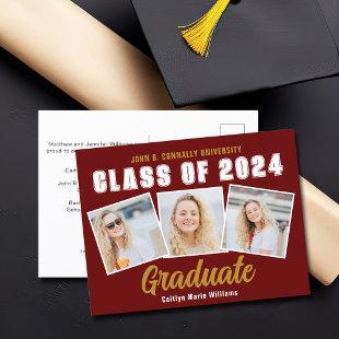 Maroon Gold White Photo Collage 2024 Graduation Announcement Postcard