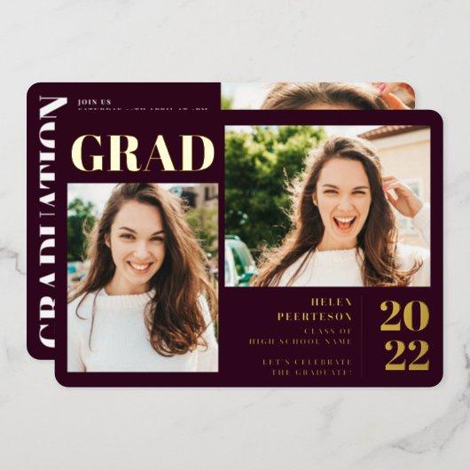 Maroon minimalist modern 3 photos graduation foil invitation