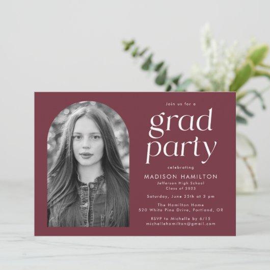Maroon | Modern Minimalist Photo Graduation Party Invitation