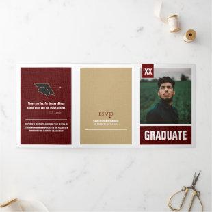 Maroon Modern Textured Photo Graduation Tri-Fold Invitation