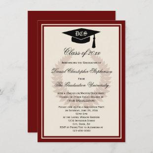 Maroon Monogram Laurel Classic College Graduation Invitation