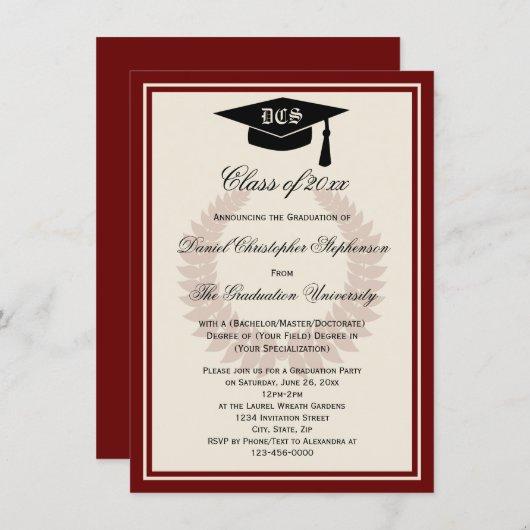 Maroon Monogram Laurel Classic College Graduation Invitation