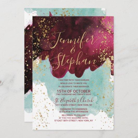 Marsala Red Teal Watercolor Gold Splash Wedding Invitation