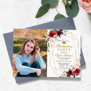 Marsala Rose Photo Graduation Party Girly Floral Invitation