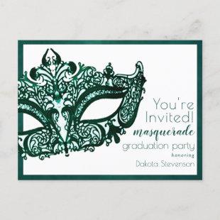 Masquerade Green Mask | Mardi Gras Graduation Invitation Postcard