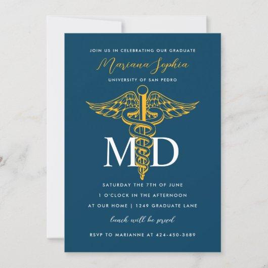 MD Doctor of Medicine Graduation Navy Blue Gold Invitation