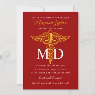 MD Doctor of Medicine Graduation Red and Gold Invitation