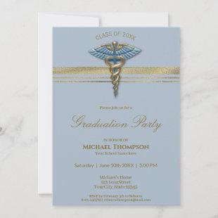 Medical Blue Caduceus Gold Stripes Graduation Invitation