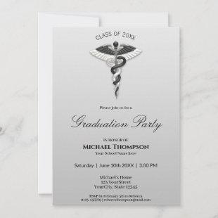 Medical Elegant Black White Caduceus Graduation Invitation