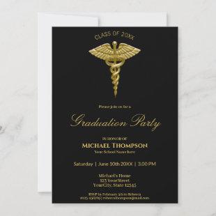 Medical Gold Caduceus Black Graduation Invitation