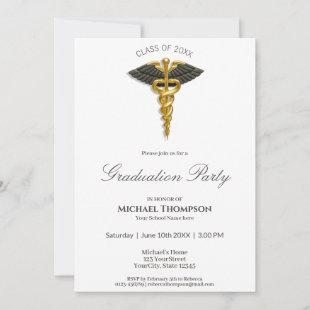 Medical Gold Caduceus Black Wings Graduation Invitation