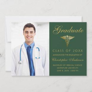 Medical Green Gold Cadaceus Photo Graduation Announcement