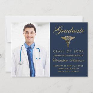 Medical Navy Blue Gold Cadaceus Photo Graduation Announcement