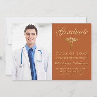Medical Orange Gold Cadaceus Photo Graduation Announcement