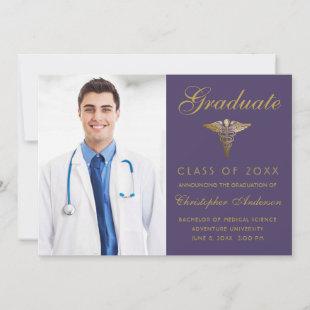 Medical Purple Gold Cadaceus Photo Graduation Announcement
