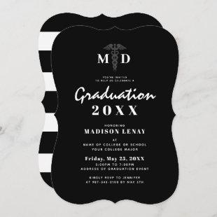 Medical Student MD Black White Script Graduation I Invitation