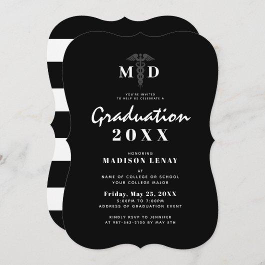Medical Student MD Black White Script Graduation I Invitation