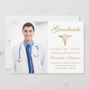 Medical White Gold Script Cap Photo Graduation Announcement