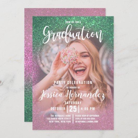 Mermaid Pink Triple Glitter Photo Graduation Invitation