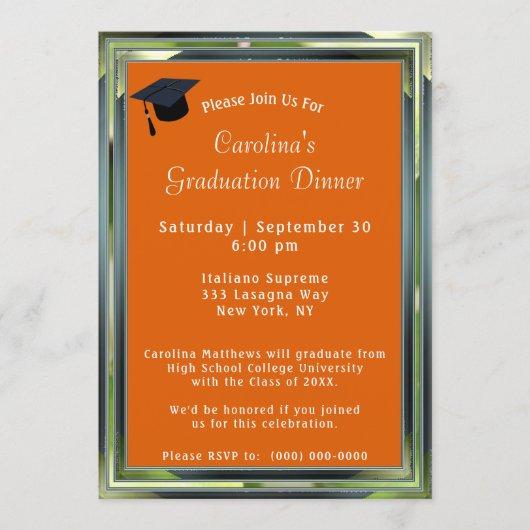 Metallic Green Frame Orange Dinner Cap Graduation Invitation