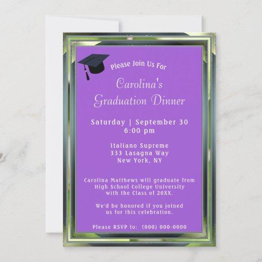 Metallic Green Frame Purple Dinner Cap Graduation Invitation