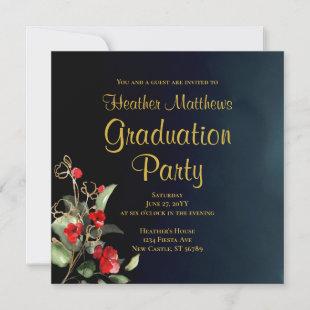 Midnight Blue Gold Red Floral Graduation Party Invitation
