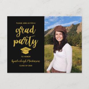 Minimal Black Gold Elegant Photo Graduation Party Invitation Postcard