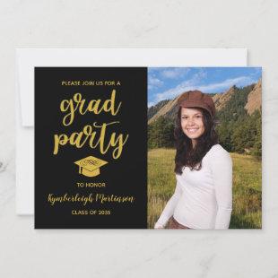 Minimal Black Gold Script 2 Photo Graduation Party Invitation