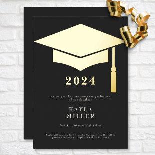 Minimal Black & White Gold Cap Grad Announcement