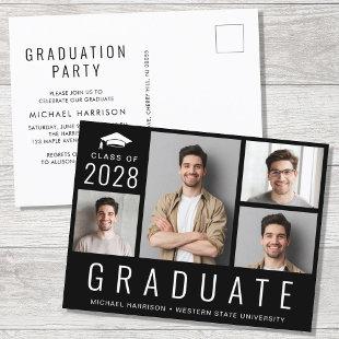Minimal Modern 4 Photo Black Graduation Party Invitation Postcard