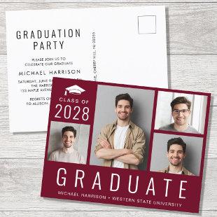 Minimal Modern 4 Photo Burgundy Graduation Party Invitation Postcard