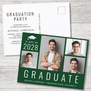 Minimal Modern 4 Photo Green Graduation Party Invitation Postcard