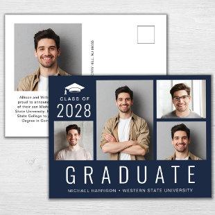 Minimal Modern 5 Photo Collage Blue Graduation Announcement Postcard