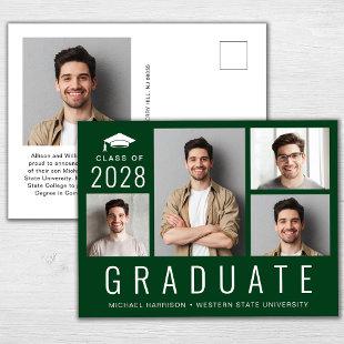 Minimal Modern Photo Collage Green Graduation Announcement Postcard